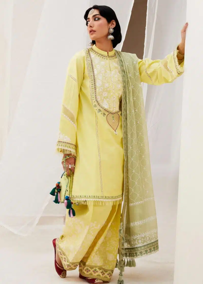 Zara Shahjahan Lawn | Yellow | Unstitched | Wedding wear | embroidered Organza Dupatta | DILARA-15A - Image 4