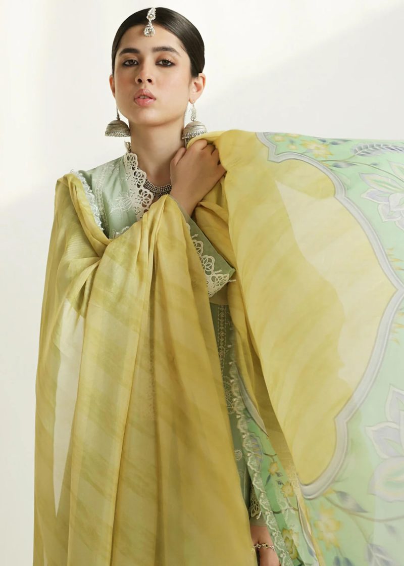 Zara Shahjahan Lawn | Sea Green | Unstitched | Wedding wear | embroidered Organza Dupatta | MAHI-1B - Image 2
