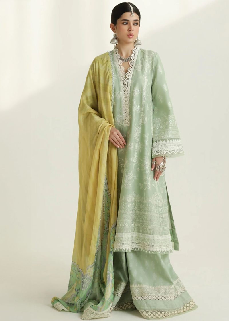 Zara Shahjahan Lawn | Sea Green | Unstitched | Wedding wear | embroidered Organza Dupatta | MAHI-1B - Image 3
