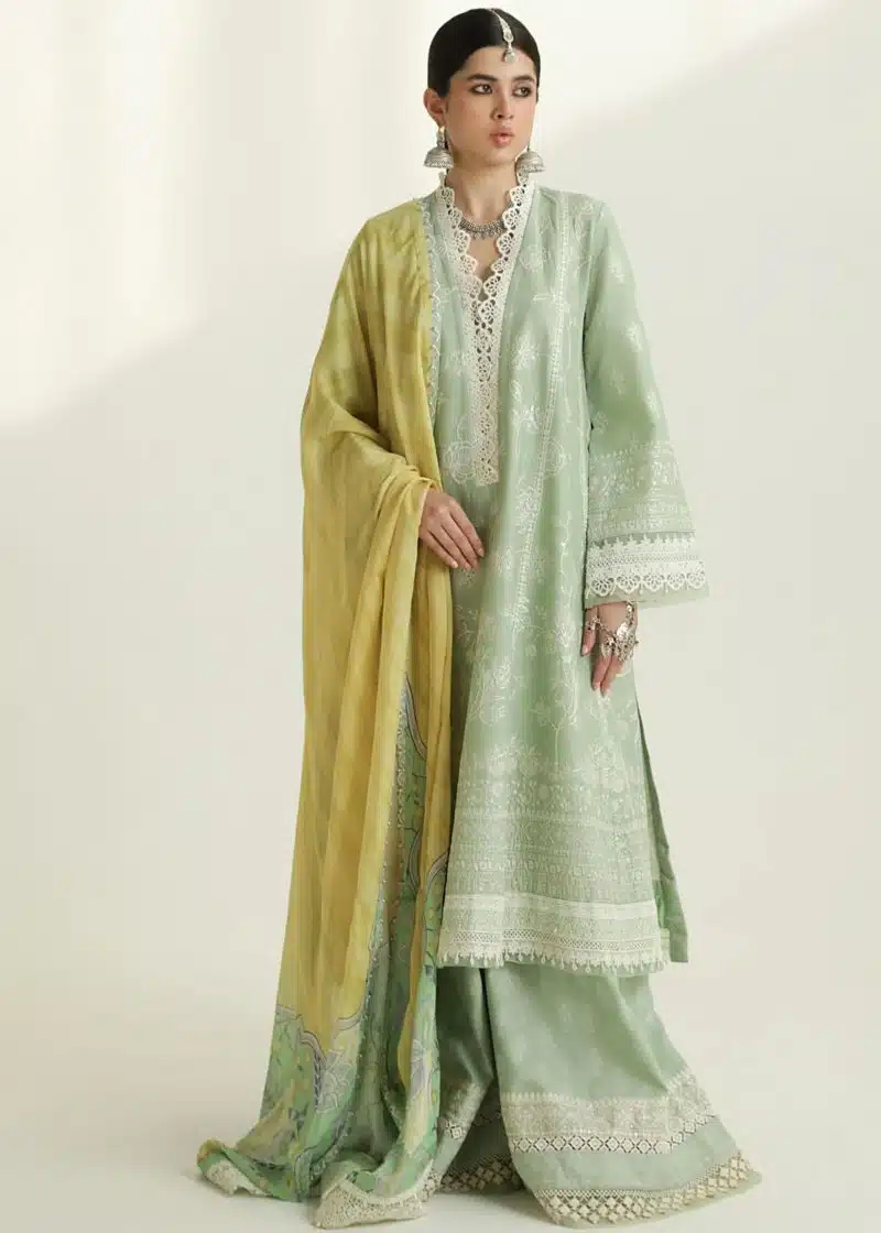 Zara Shahjahan Lawn | Sea Green | Unstitched | Wedding wear | embroidered Organza Dupatta | MAHI-1B - Image 3