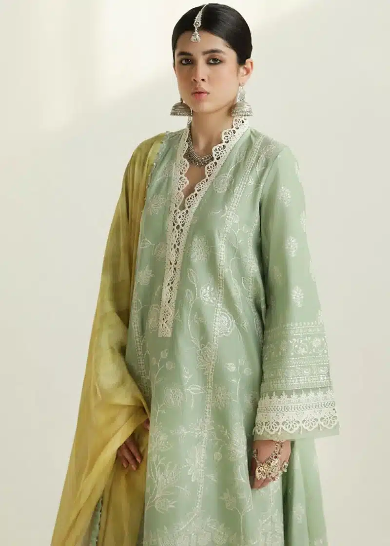Zara Shahjahan Lawn | Sea Green | Unstitched | Wedding wear | embroidered Organza Dupatta | MAHI-1B - Image 4