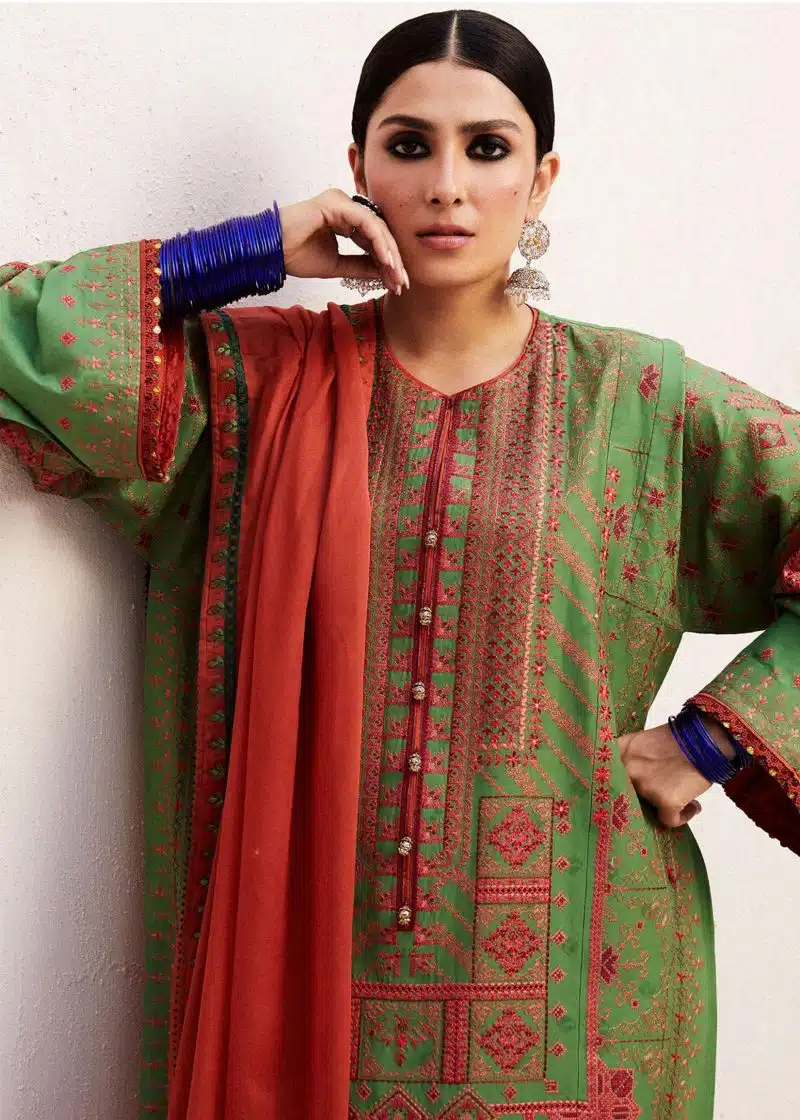 Zara Shahjahan Lawn | Green | Unstitched | Wedding wear | embroidered Organza Dupatta | DIYA-2B - Image 2