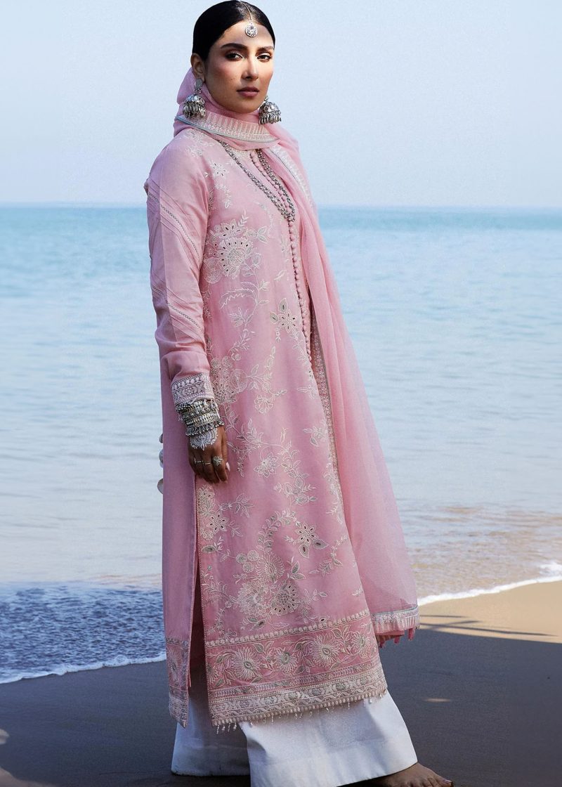 Zara Shahjahan Lawn | Light Pink | Unstitched | Wedding wear | embroidered Organza Dupatta | AMIRA-5A - Image 3