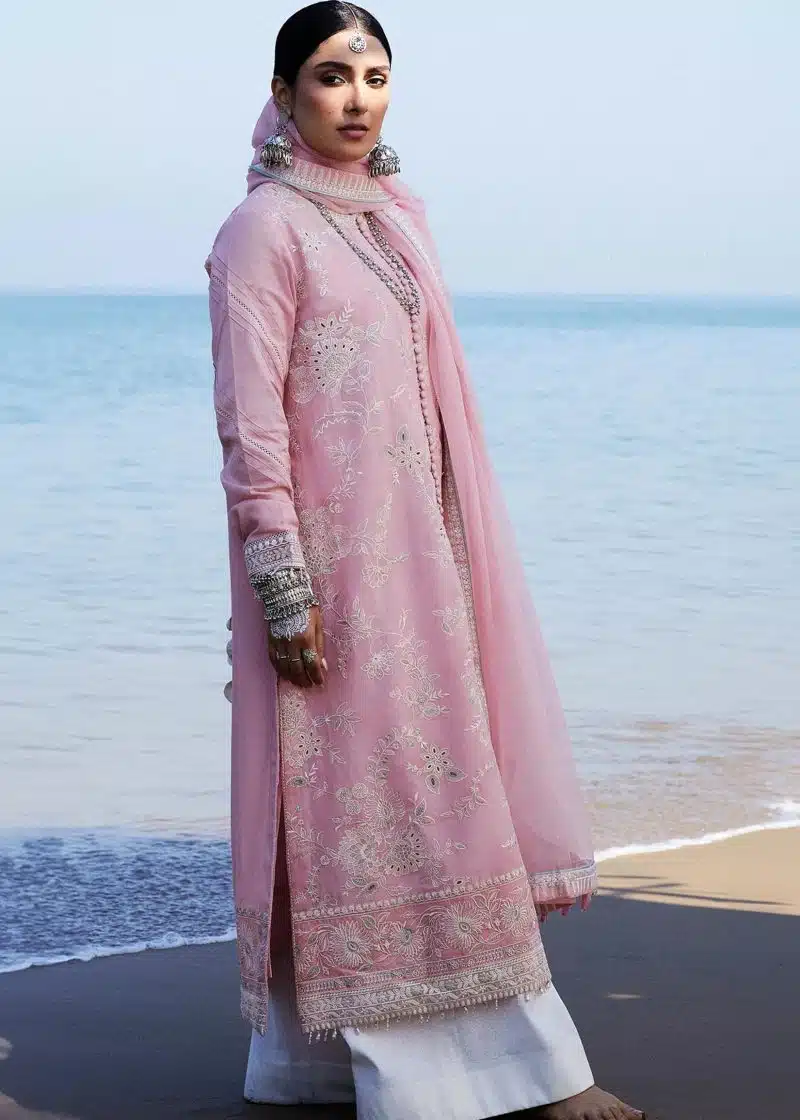 Zara Shahjahan Lawn | Light Pink | Unstitched | Wedding wear | embroidered Organza Dupatta | AMIRA-5A - Image 3