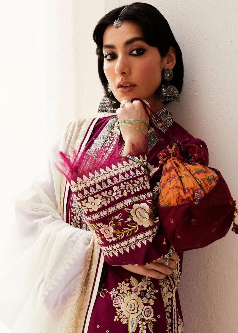 Zara Shahjahan Lawn | Burgundy | Unstitched | Wedding wear | embroidered Organza Dupatta | SIFFA-4A - Image 2