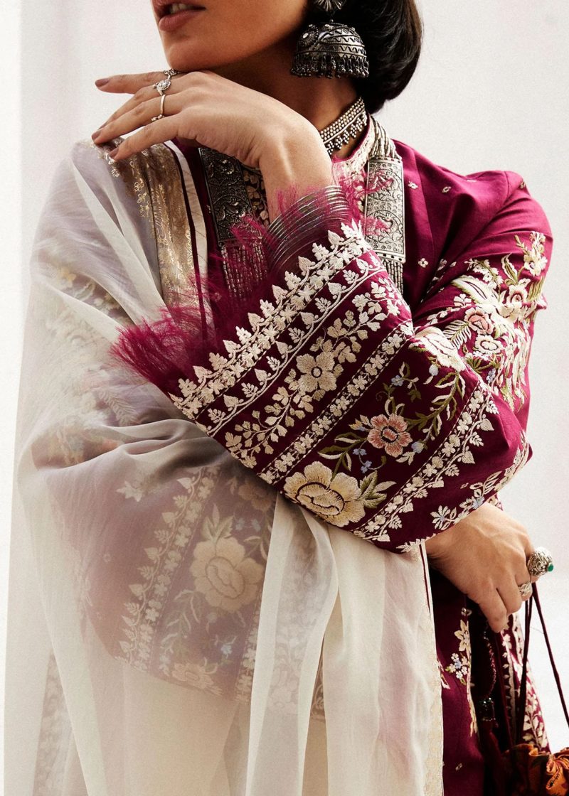 Zara Shahjahan Lawn | Burgundy | Unstitched | Wedding wear | embroidered Organza Dupatta | SIFFA-4A - Image 3
