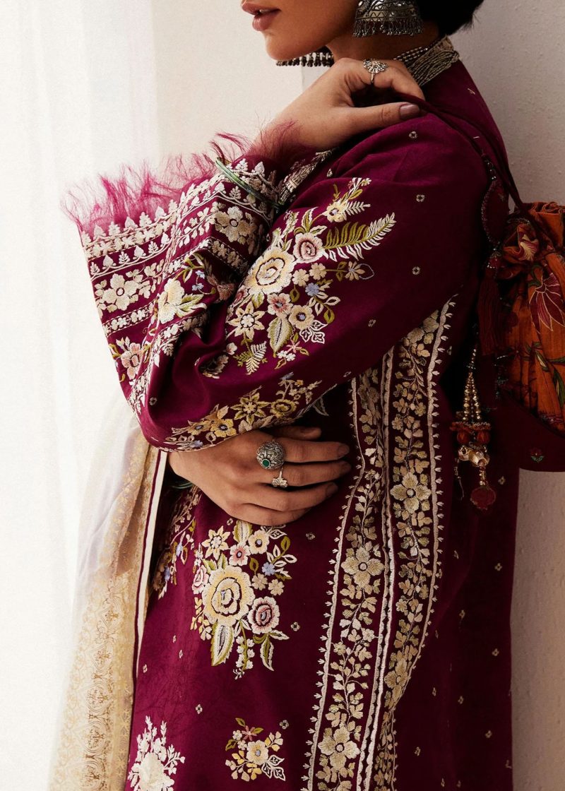 Zara Shahjahan Lawn | Burgundy | Unstitched | Wedding wear | embroidered Organza Dupatta | SIFFA-4A - Image 4