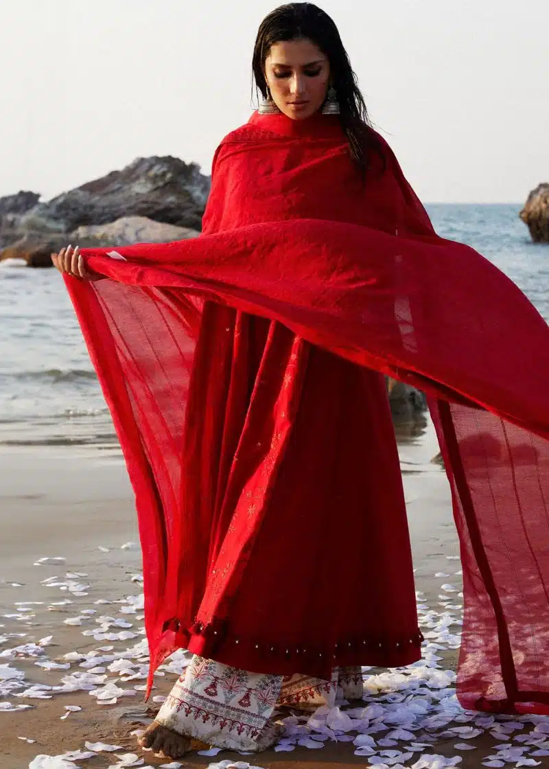 Zara Shahjahan Lawn | Red | Unstitched | Wedding wear | embroidered Organza Dupatta | DEENA-12A - Image 4