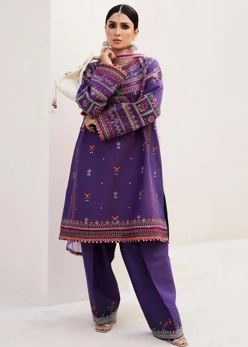 Zara Shahjahan Lawn | Purple | Unstitched | Wedding wear | embroidered Organza Dupatta | LAMIA-7B - Image 3