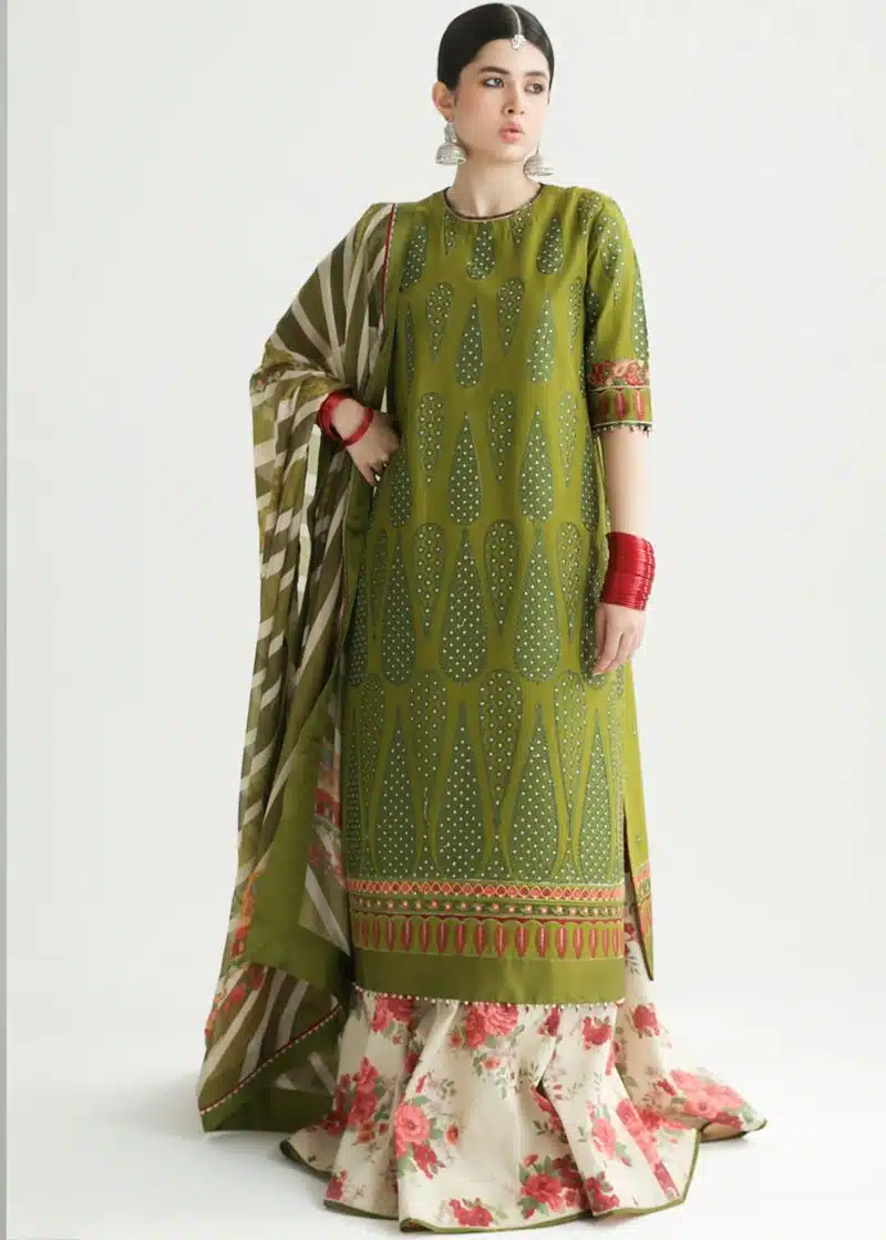 Zara Shahjahan Lawn | Mendhi | Unstitched | Wedding wear | embroidered Organza Dupatta | AAINA-8B - Image 2
