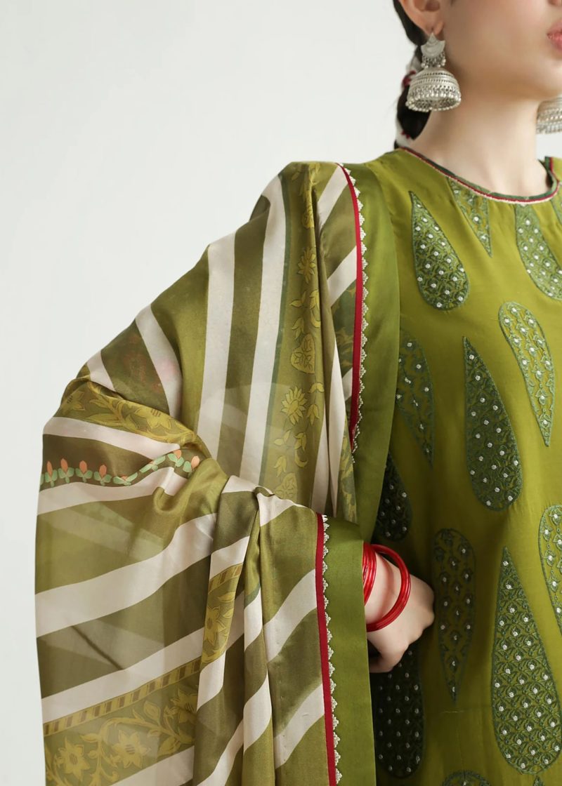 Zara Shahjahan Lawn | Mendhi | Unstitched | Wedding wear | embroidered Organza Dupatta | AAINA-8B - Image 4