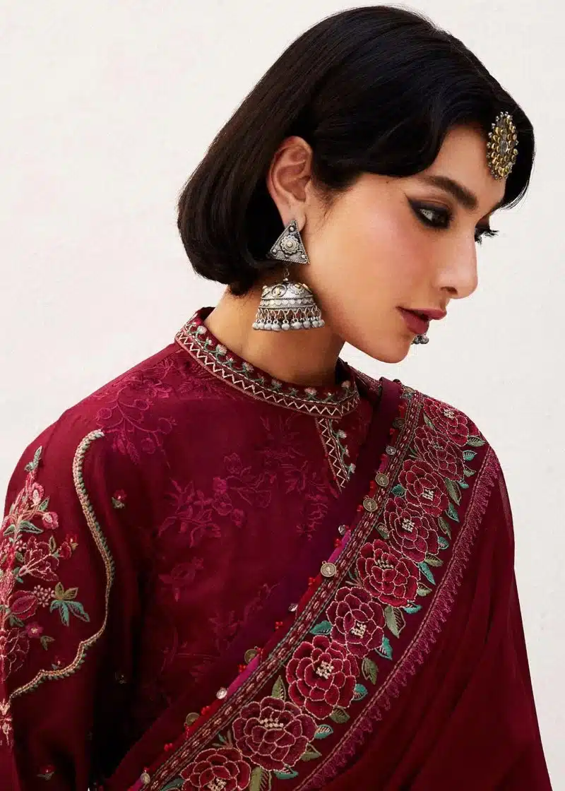 Zara Shahjahan Lawn | Maroon | Unstitched | Wedding wear | embroidered Organza Dupatta | PARSA-9A - Image 2