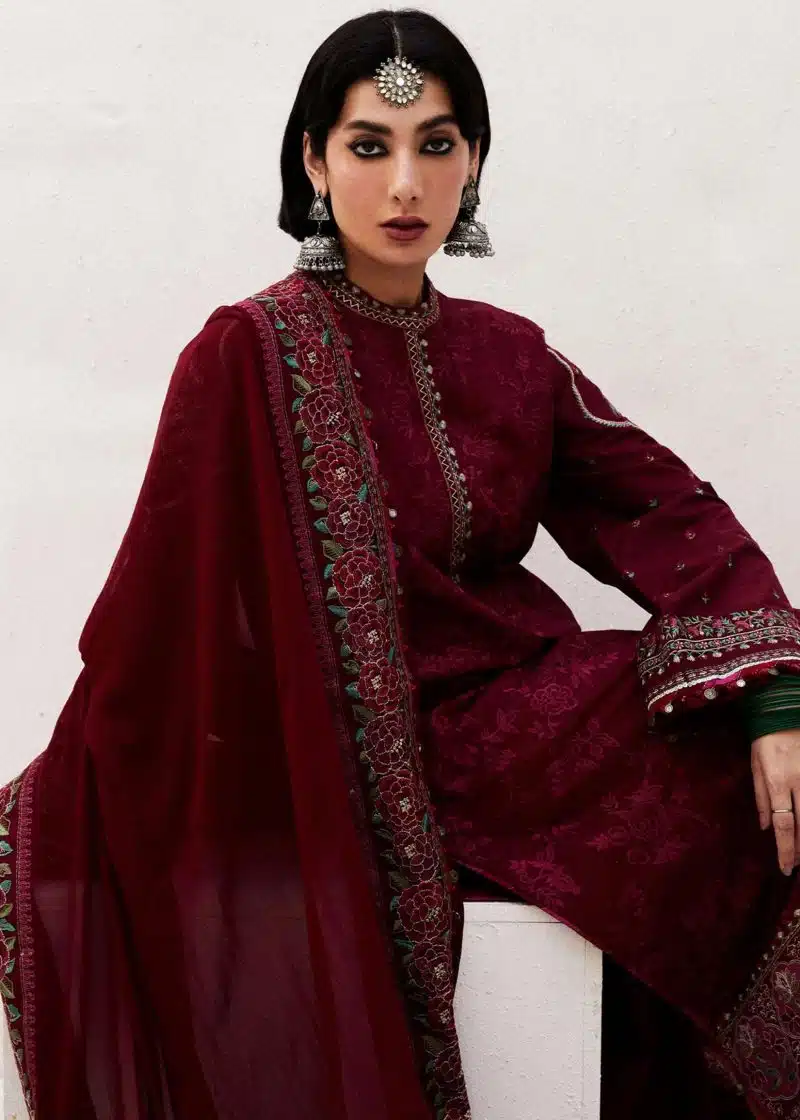 Zara Shahjahan Lawn | Maroon | Unstitched | Wedding wear | embroidered Organza Dupatta | PARSA-9A - Image 3