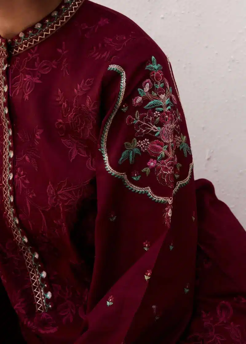 Zara Shahjahan Lawn | Maroon | Unstitched | Wedding wear | embroidered Organza Dupatta | PARSA-9A - Image 4