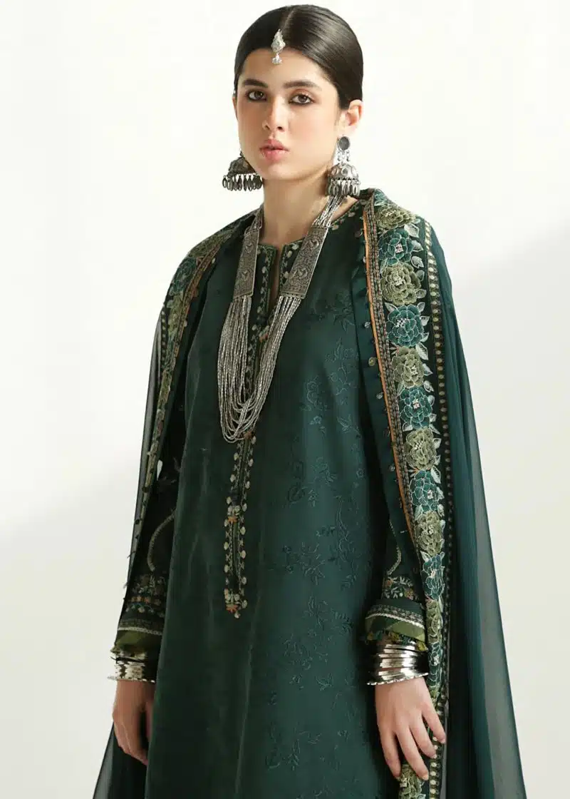 Zara Shahjahan Lawn | Dark Green | Unstitched | Wedding wear | embroidered Organza Dupatta | PARSA-9B - Image 2