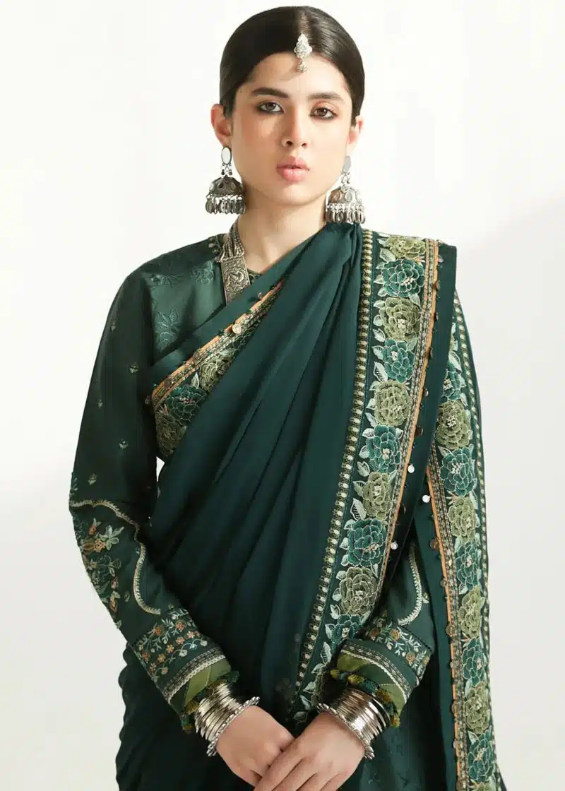 Zara Shahjahan Lawn | Dark Green | Unstitched | Wedding wear | embroidered Organza Dupatta | PARSA-9B - Image 3