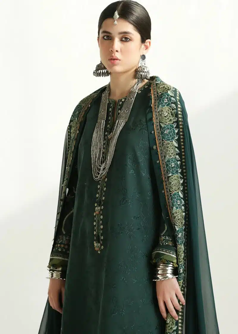 Zara Shahjahan Lawn | Dark Green | Unstitched | Wedding wear | embroidered Organza Dupatta | PARSA-9B - Image 4