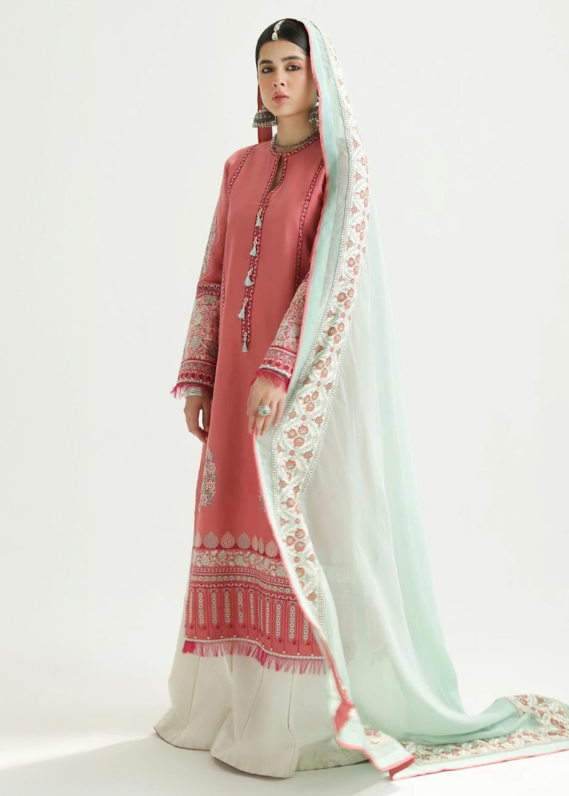 Zara Shahjahan Lawn | Peach | Unstitched | Wedding wear | embroidered Organza Dupatta | SANDAL-10B - Image 4