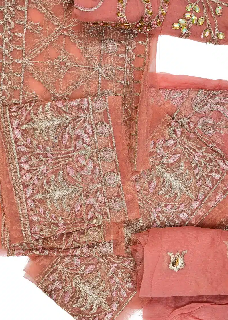 Maysarah Studio | Dark Peach | Unstitched | Festival Wear | Kurta Set | 3 pc Set - Image 3