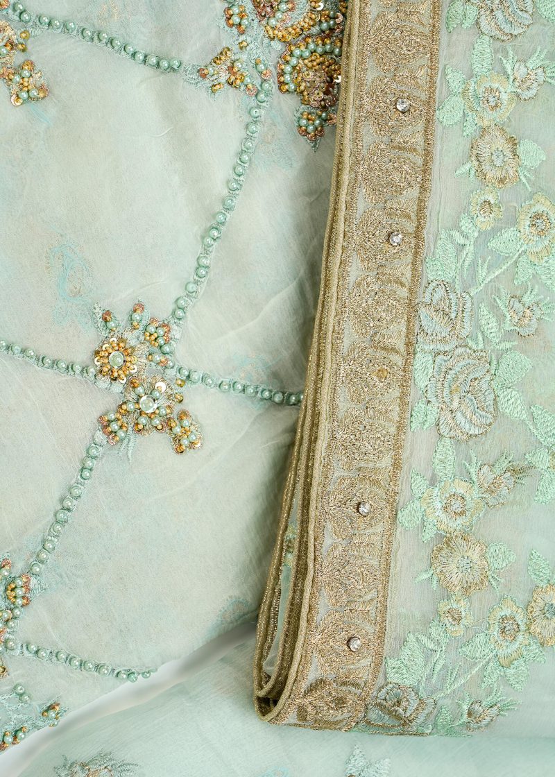 Pakistani | Sky Blue | Unstitched | Festival Wear | Kurta Set | 3 pc Set - Image 2