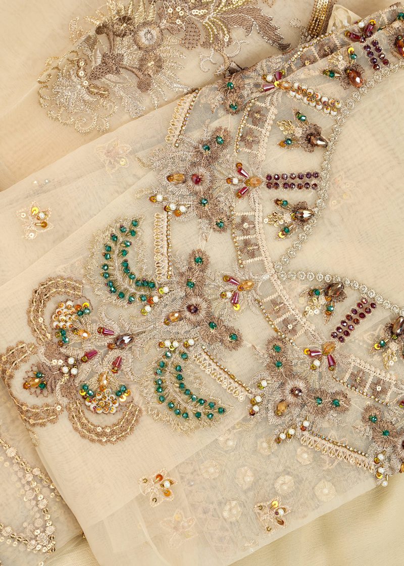 Fancy Gota | Beige | Unstitched | Party Wear | Kurta Dupatta Trouser | 3 pc Set - Image 2