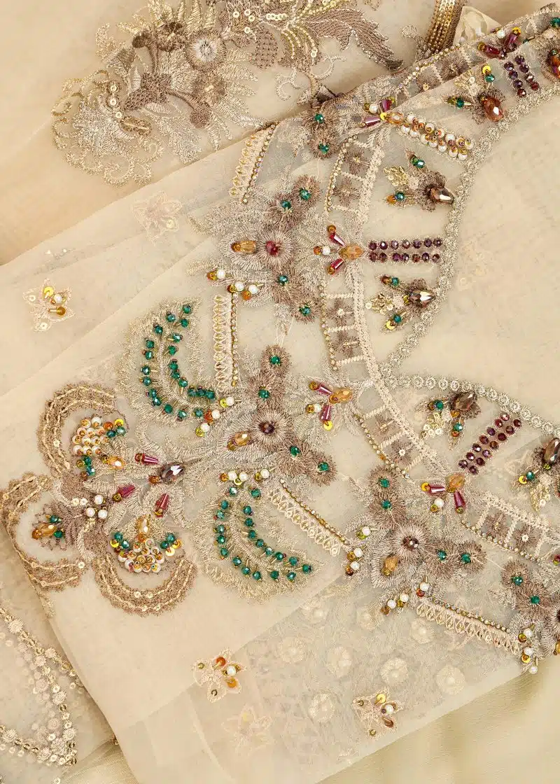 Fancy Gota | Beige | Unstitched | Party Wear | Kurta Dupatta Trouser | 3 pc Set - Image 2