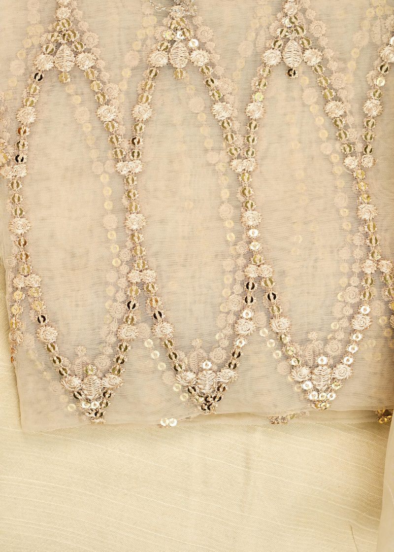 Fancy Gota | Beige | Unstitched | Party Wear | Kurta Dupatta Trouser | 3 pc Set - Image 3