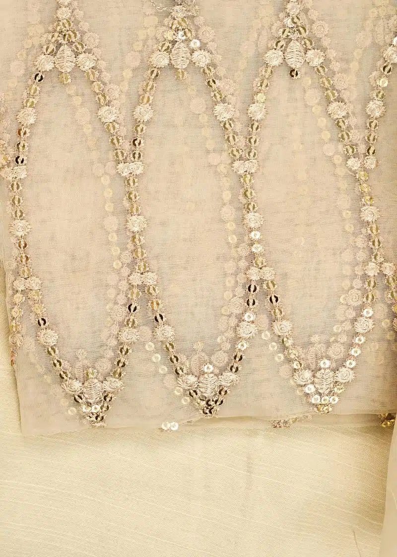 Fancy Gota | Beige | Unstitched | Party Wear | Kurta Dupatta Trouser | 3 pc Set - Image 3