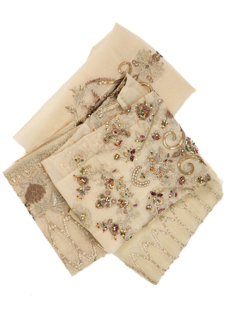 Fancy Gota | Beige | Unstitched | Party Wear | Kurta Dupatta Trouser | 3 pc Set - Image 4