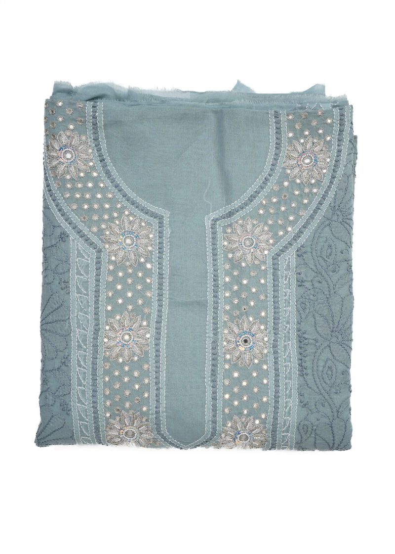 Maysarah Lucknowi | Grey | Unstitched | Festival Wear | Cotton | Kurtadupatta | 2 pc set - Image 2