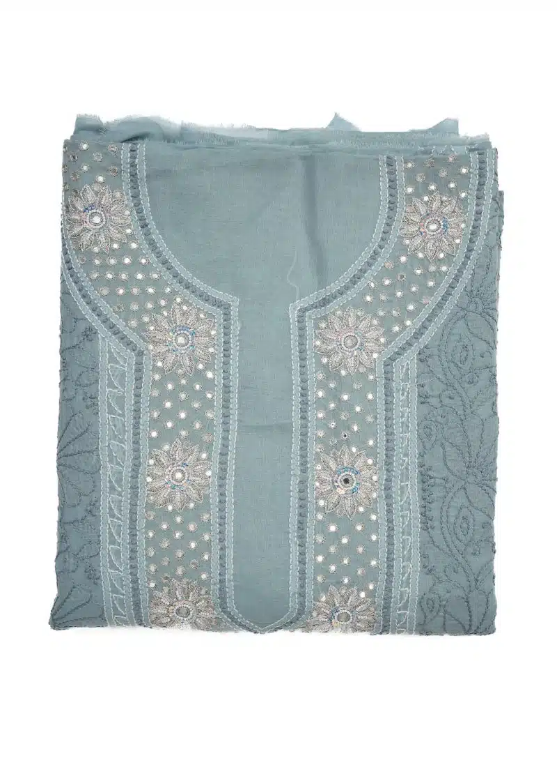 Maysarah Lucknowi | Grey | Unstitched | Festival Wear | Cotton | Kurtadupatta | 2 pc set - Image 2