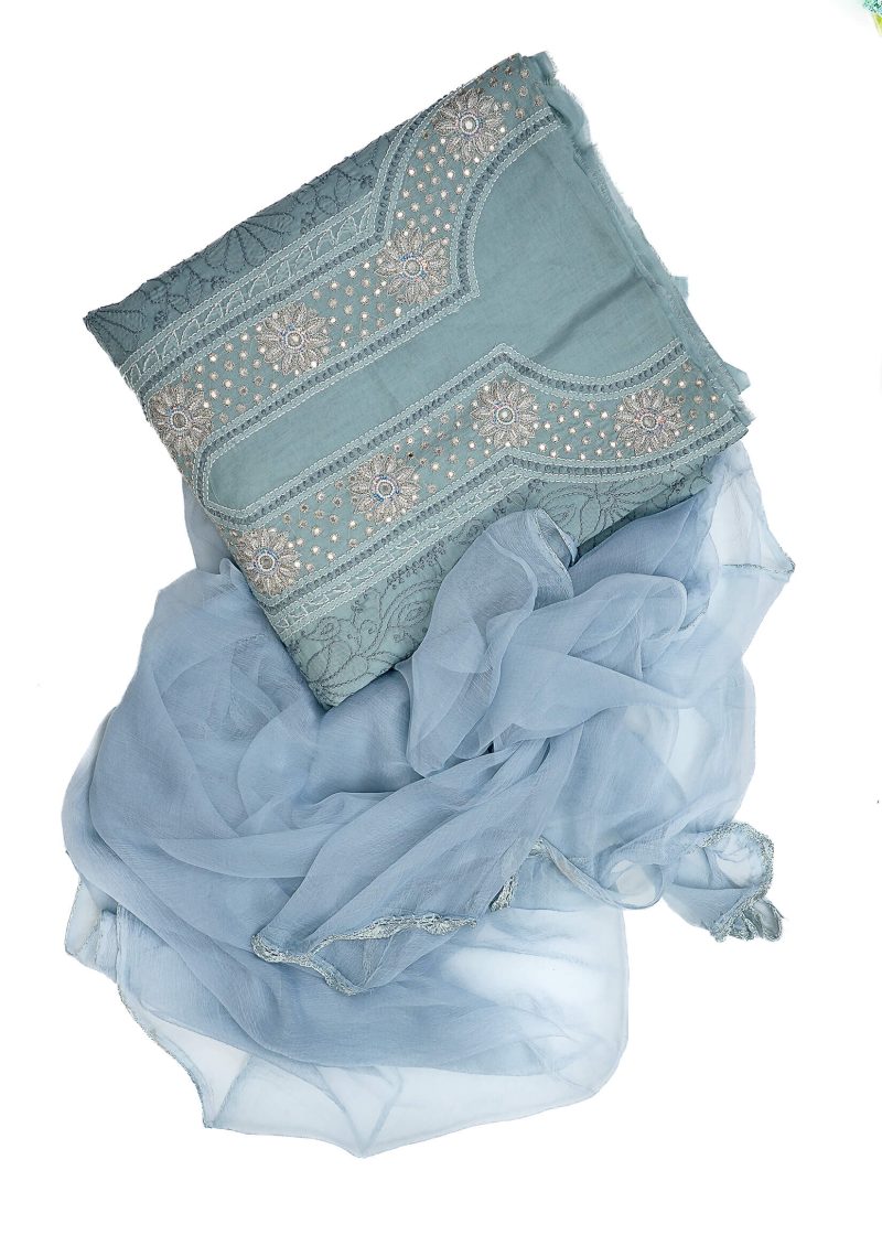 Maysarah Lucknowi | Grey | Unstitched | Festival Wear | Cotton | Kurtadupatta | 2 pc set - Image 3