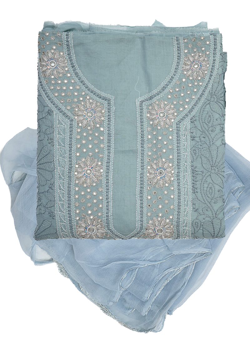 Maysarah Lucknowi | Grey | Unstitched | Festival Wear | Cotton | Kurtadupatta | 2 pc set - Image 4