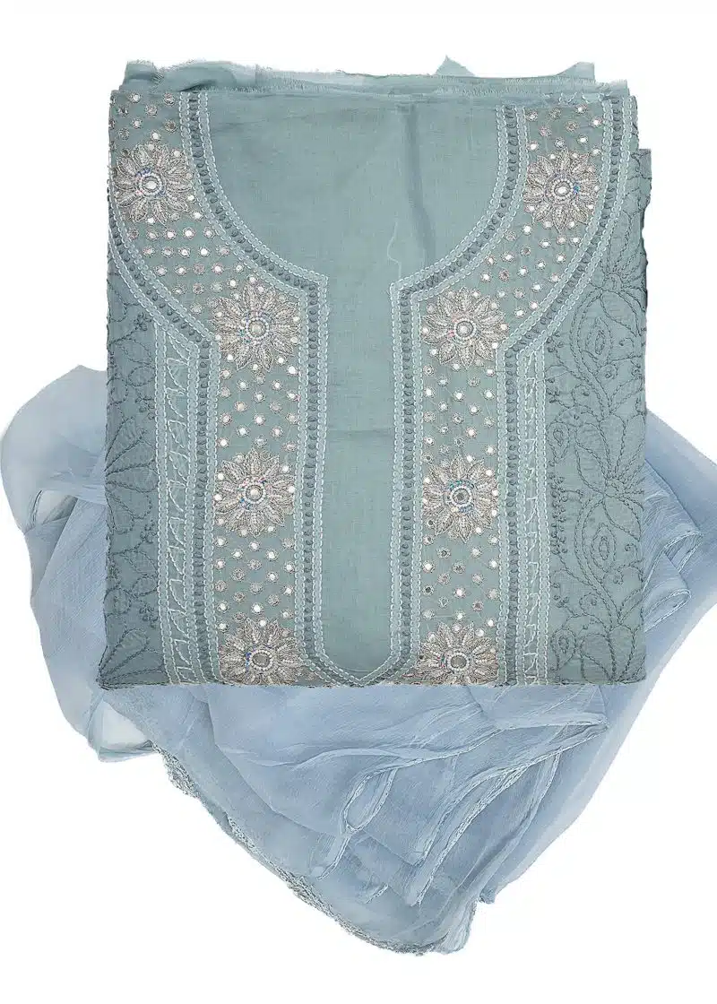 Maysarah Lucknowi | Grey | Unstitched | Festival Wear | Cotton | Kurtadupatta | 2 pc set - Image 4