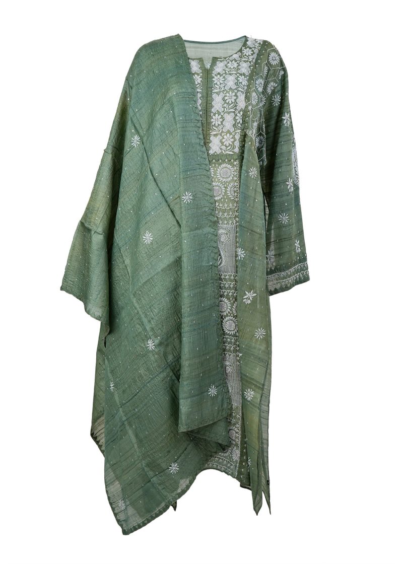 Maysarah Lucknowi | Green | Semi stitched | Festival wear | Kurta Dupatta Style | 2 pc set - Image 2