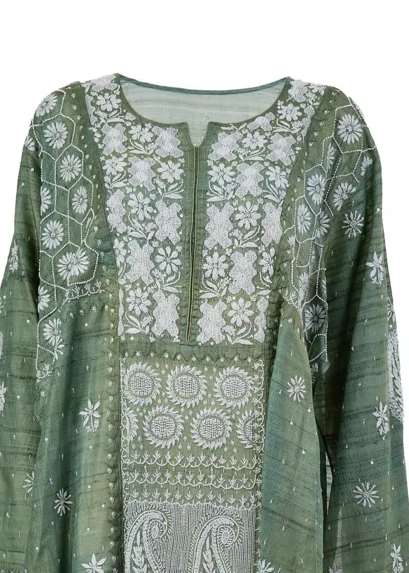 Maysarah Lucknowi | Green | Semi stitched | Festival wear | Kurta Dupatta Style | 2 pc set - Image 3