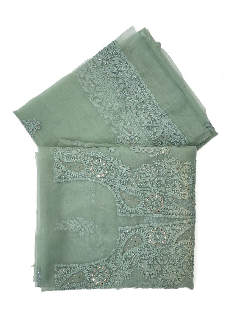 Maysarah Lucknowi | Sea Green | Unstitched | Festival wear | Kurta Dupatta Style | 2 pc set - Image 2