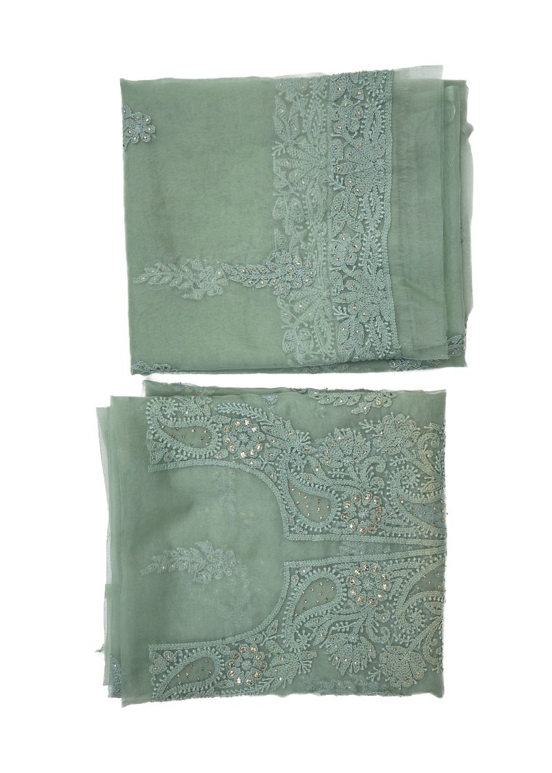 Maysarah Lucknowi | Sea Green | Unstitched | Festival wear | Kurta Dupatta Style | 2 pc set - Image 3