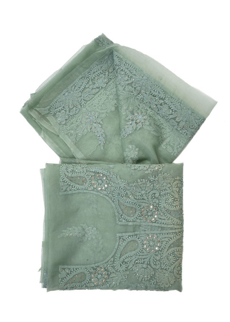 Maysarah Lucknowi | Sea Green | Unstitched | Festival wear | Kurta Dupatta Style | 2 pc set - Image 4