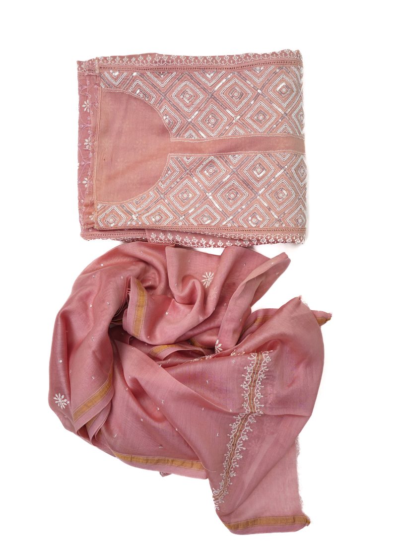 Maysarah Lucknowi | Pink Peach | Stitched | Festival Wear | Pure Chanderi Silk | Kurta Dupatta | 1 pc set - Image 4