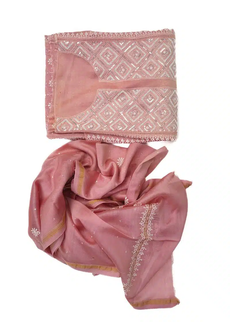 Maysarah Lucknowi | Pink Peach | Stitched | Festival Wear | Pure Chanderi Silk | Kurta Dupatta | 1 pc set - Image 4