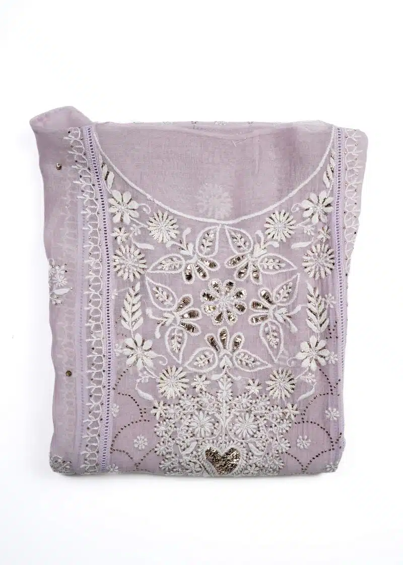 Maysarah Lucknowi | Light Purple | Semi Stitched | Kurta dupatta | Festival Wear | 2 pc set. - Image 3