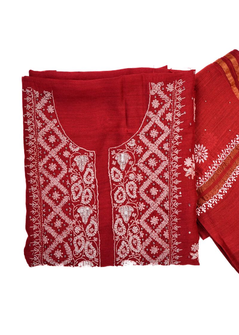 Maysarah Lucknowi | Red | Unstitched | Kurta dupatta | Festival Wear | 2 pc set. - Image 2