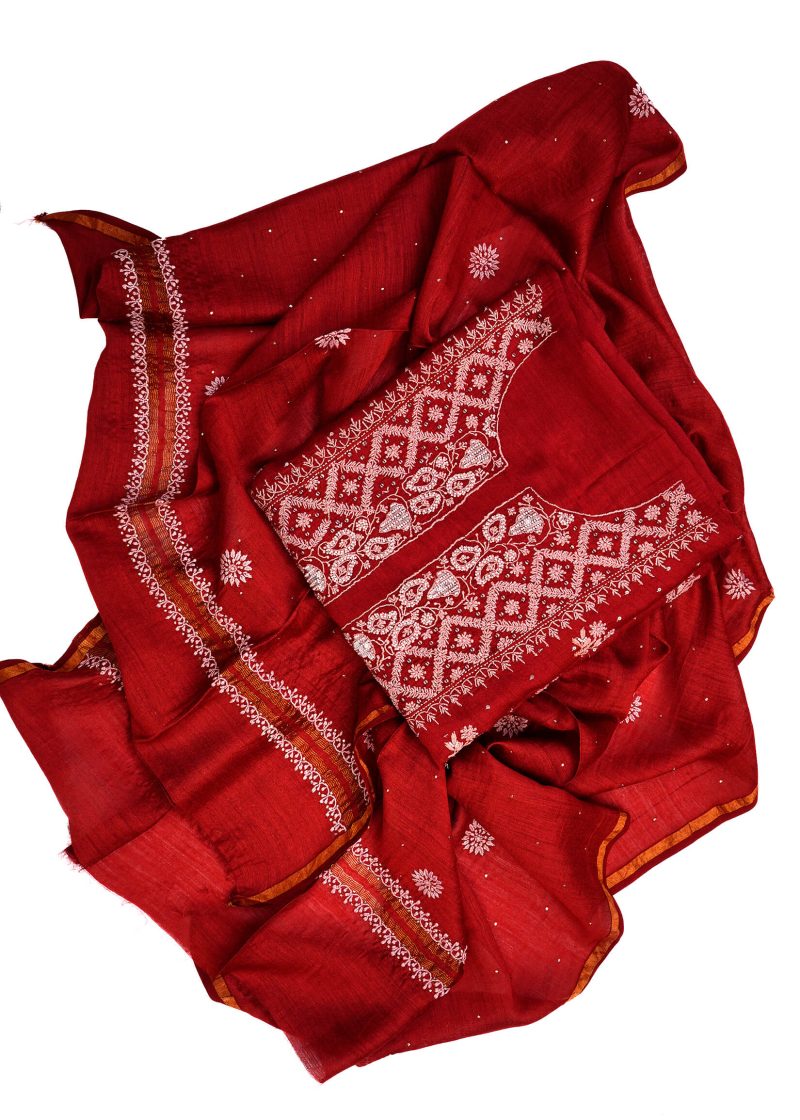 Maysarah Lucknowi | Red | Unstitched | Kurta dupatta | Festival Wear | 2 pc set. - Image 4
