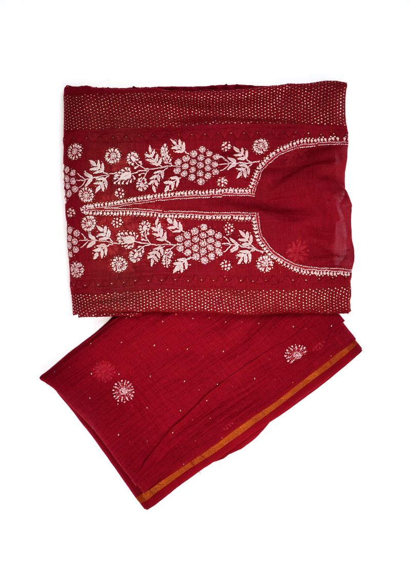 Maysarah Lucknowi | Red | Semi Stitched | Kurta dupatta | Daily Wear | 2 pc set. - Image 2