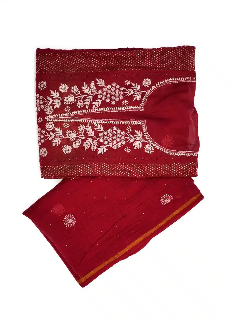 Maysarah Lucknowi | Red | Semi Stitched | Kurta dupatta | Daily Wear | 2 pc set. - Image 2