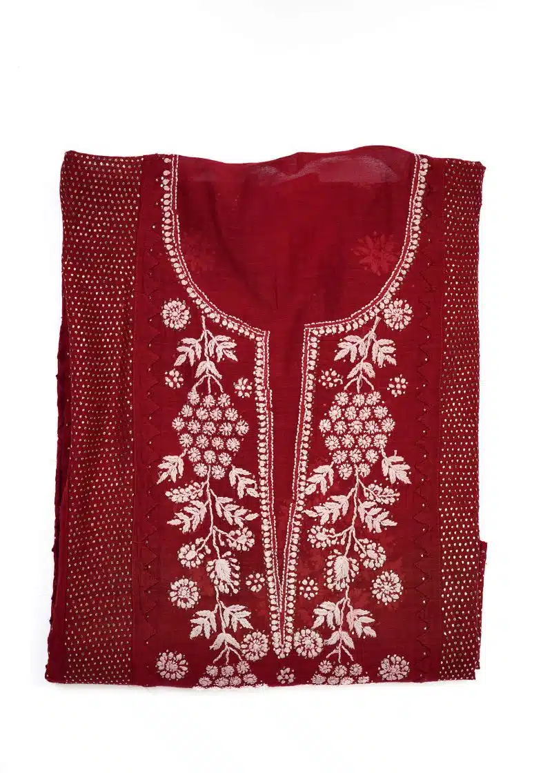 Maysarah Lucknowi | Red | Semi Stitched | Kurta dupatta | Daily Wear | 2 pc set. - Image 3