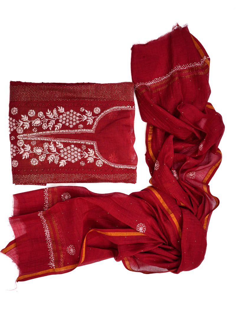 Maysarah Lucknowi | Red | Semi Stitched | Kurta dupatta | Daily Wear | 2 pc set. - Image 4