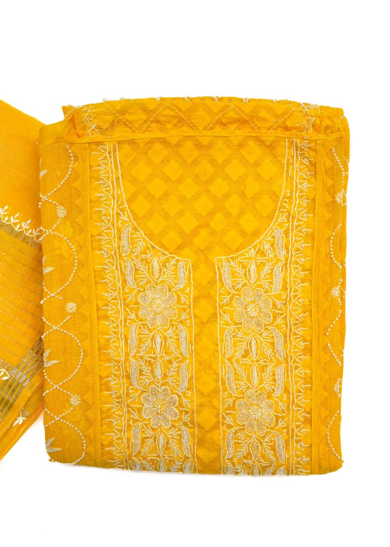 Maysarah Lucknowi | Yellow | Semi stitched | Festival wear | Kurta Dupatta Style | 2 pc set - Image 3