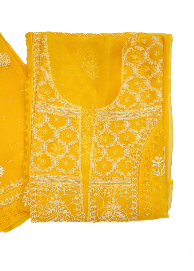 Maysarah Lucknowi | Yellow | Semi stitched | Festival wear | Kurta Dupatta Style | 2 pc set - Image 3